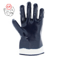 Guantes de nitrilo suave de azul repelente al aceite con manguito de seguridad y forro de jersey de algodón